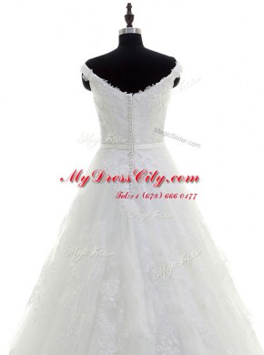 White A-line Scoop Sleeveless Tulle With Train Sweep Train Zipper Beading and Lace and Hand Made Flower Wedding Gowns