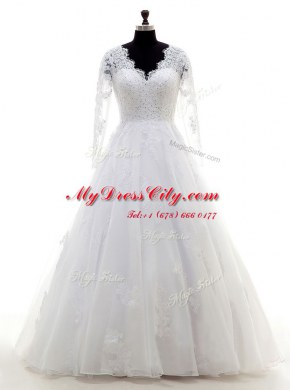 Discount Floor Length White Wedding Gowns Organza Long Sleeves Beading and Lace and Appliques