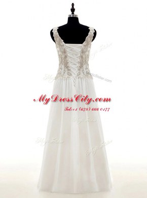 White Lace Up Bridal Gown Beading and Lace and Appliques Long Sleeves Floor Length