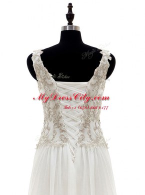 White Lace Up Bridal Gown Beading and Lace and Appliques Long Sleeves Floor Length