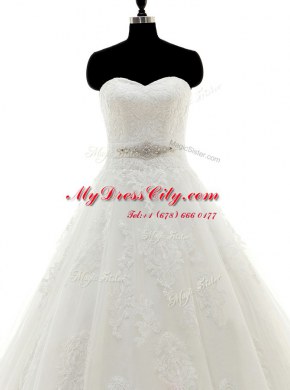 Pretty Tulle Sweetheart Sleeveless Brush Train Clasp Handle Beading and Lace and Appliques Bridal Gown in White