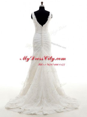 Fabulous White Mermaid Tulle V-neck Sleeveless Lace With Train Clasp Handle Wedding Dresses Brush Train