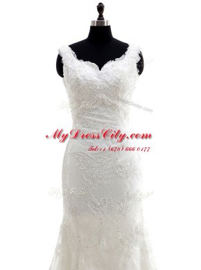 Fabulous White Mermaid Tulle V-neck Sleeveless Lace With Train Clasp Handle Wedding Dresses Brush Train