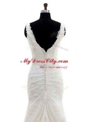 Fabulous White Mermaid Tulle V-neck Sleeveless Lace With Train Clasp Handle Wedding Dresses Brush Train