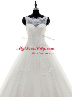 Suitable Scoop With Train Zipper Wedding Gown White for Wedding Party with Appliques Brush Train