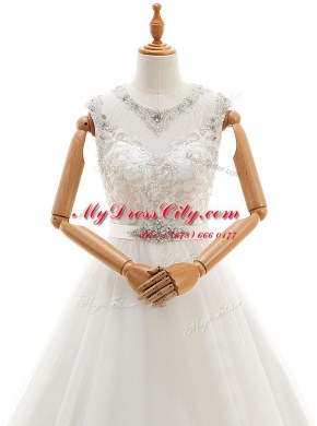 Scoop White Sleeveless Tulle Brush Train Clasp Handle Wedding Gowns for Wedding Party