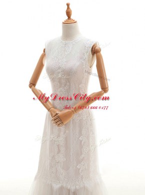 Sexy High-neck Sleeveless Wedding Gown With Brush Train Lace White Lace