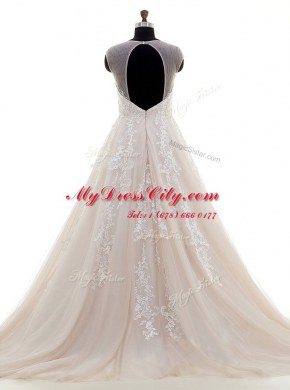 Stunning Peach Tulle Zipper Scoop Cap Sleeves With Train Wedding Dress Brush Train Lace and Appliques