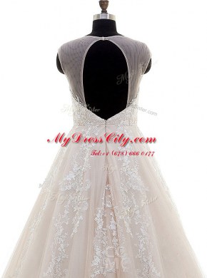 Stunning Peach Tulle Zipper Scoop Cap Sleeves With Train Wedding Dress Brush Train Lace and Appliques