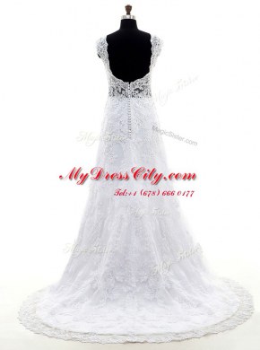 High Class Lace With Train Column/Sheath Sleeveless Lilac Wedding Gowns Brush Train Clasp Handle