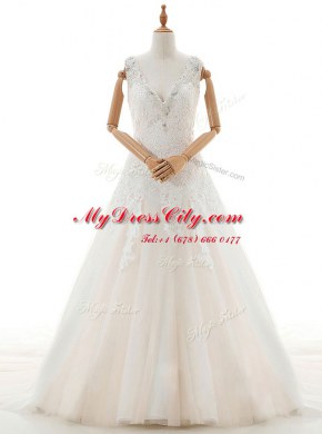 White Zipper Wedding Gowns Appliques Sleeveless With Train Court Train