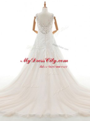 White Zipper Wedding Gowns Appliques Sleeveless With Train Court Train