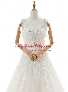 White Zipper Wedding Gowns Appliques Sleeveless With Train Court Train