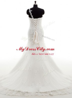 Romantic Mermaid One Shoulder Sleeveless Court Train Lace Up With Train Lace Bridal Gown