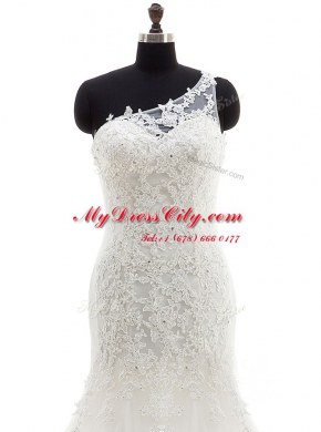 Romantic Mermaid One Shoulder Sleeveless Court Train Lace Up With Train Lace Bridal Gown