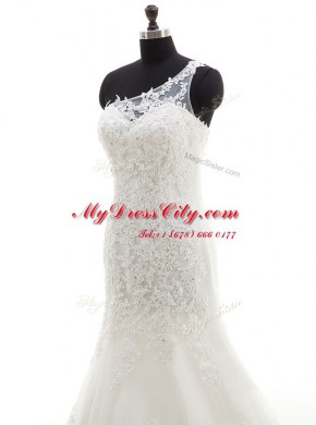 Romantic Mermaid One Shoulder Sleeveless Court Train Lace Up With Train Lace Bridal Gown
