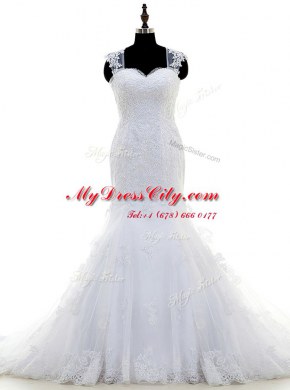 Mermaid White Wedding Gown Wedding Party and For with Beading and Lace and Appliques Square Sleeveless Brush Train Zipper