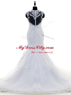 Mermaid White Wedding Gown Wedding Party and For with Beading and Lace and Appliques Square Sleeveless Brush Train Zipper