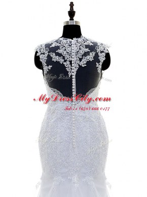 Mermaid White Wedding Gown Wedding Party and For with Beading and Lace and Appliques Square Sleeveless Brush Train Zipper