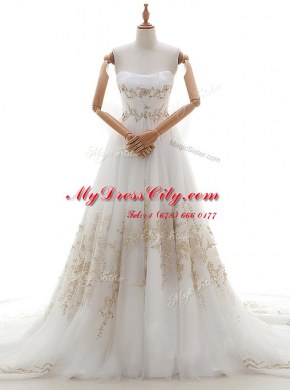 Pretty White Strapless Neckline Appliques and Bowknot Bridal Gown Sleeveless Lace Up