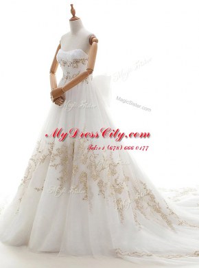 Pretty White Strapless Neckline Appliques and Bowknot Bridal Gown Sleeveless Lace Up