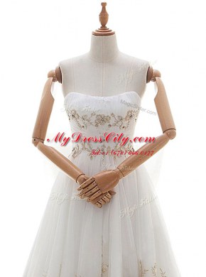 Pretty White Strapless Neckline Appliques and Bowknot Bridal Gown Sleeveless Lace Up