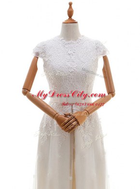 Most Popular Scoop Lace With Train Empire Cap Sleeves White Wedding Gowns Brush Train Zipper