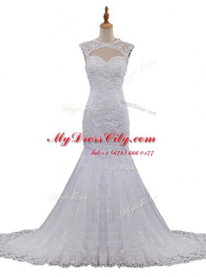 Latest Mermaid White Lace Clasp Handle Scoop Sleeveless With Train Bridal Gown Brush Train Beading and Lace