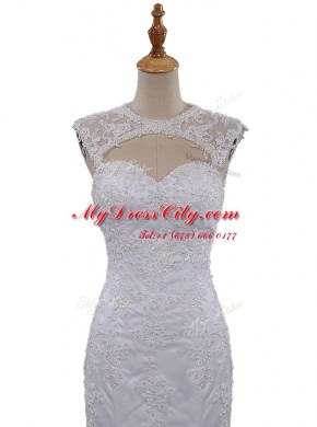 Latest Mermaid White Lace Clasp Handle Scoop Sleeveless With Train Bridal Gown Brush Train Beading and Lace