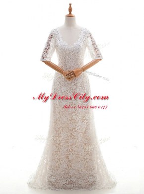 Glorious Lace With Train Column/Sheath Half Sleeves White Wedding Dress Brush Train Clasp Handle