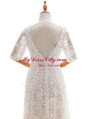 Glorious Lace With Train Column/Sheath Half Sleeves White Wedding Dress Brush Train Clasp Handle