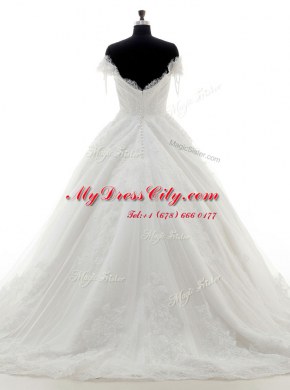White Off The Shoulder Clasp Handle Lace and Appliques Wedding Gowns Brush Train Short Sleeves