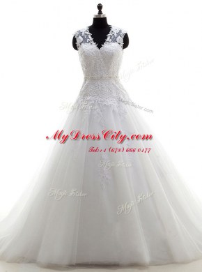 Noble A-line Wedding Dress White V-neck Tulle Sleeveless With Train Backless