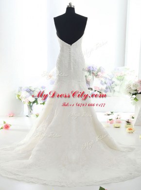Super Mermaid White Sleeveless Lace Brush Train Backless Wedding Gowns for Wedding Party