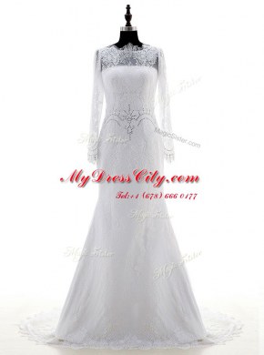Best Selling Lace With Train Column/Sheath Long Sleeves White Wedding Dress Brush Train Zipper