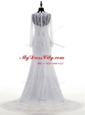 Best Selling Lace With Train Column/Sheath Long Sleeves White Wedding Dress Brush Train Zipper