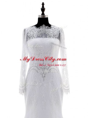 Best Selling Lace With Train Column/Sheath Long Sleeves White Wedding Dress Brush Train Zipper
