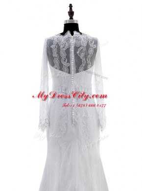 Best Selling Lace With Train Column/Sheath Long Sleeves White Wedding Dress Brush Train Zipper