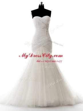 Mermaid White Tulle Zipper Wedding Gown Sleeveless With Brush Train Beading