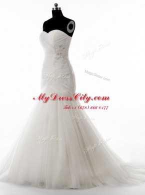 Mermaid White Tulle Zipper Wedding Gown Sleeveless With Brush Train Beading