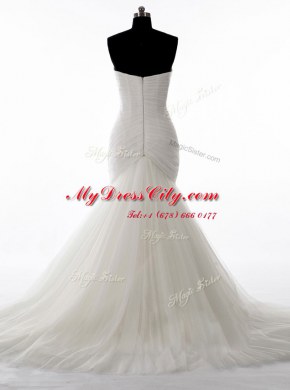 Mermaid White Tulle Zipper Wedding Gown Sleeveless With Brush Train Beading
