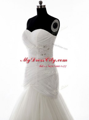 Mermaid White Tulle Zipper Wedding Gown Sleeveless With Brush Train Beading