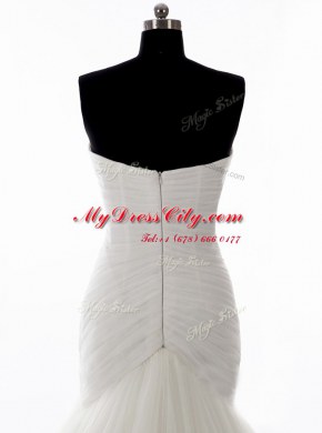 Mermaid White Tulle Zipper Wedding Gown Sleeveless With Brush Train Beading