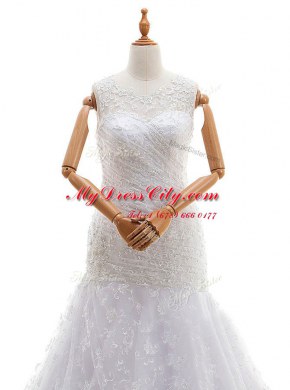 White Zipper Scoop Lace and Ruching Wedding Dresses Lace Sleeveless Court Train