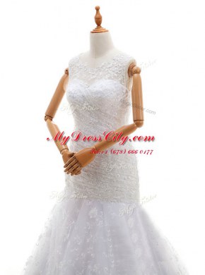 White Zipper Scoop Lace and Ruching Wedding Dresses Lace Sleeveless Court Train