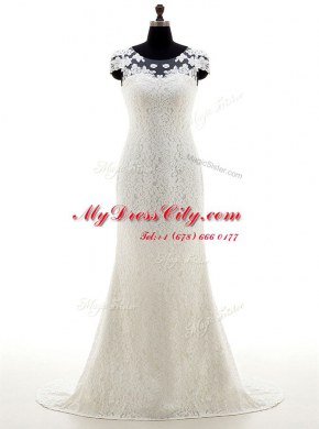 Scoop Cap Sleeves Wedding Dresses With Brush Train Lace White Lace