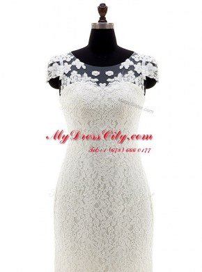 Scoop Cap Sleeves Wedding Dresses With Brush Train Lace White Lace