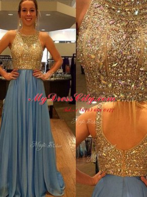 Modest Scoop Sleeveless Chiffon With Brush Train Zipper Evening Party Dresses in Blue with Sequins