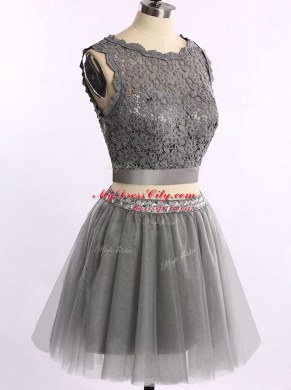 Elegant Scoop Grey Sleeveless Mini Length Lace Zipper Prom Dresses