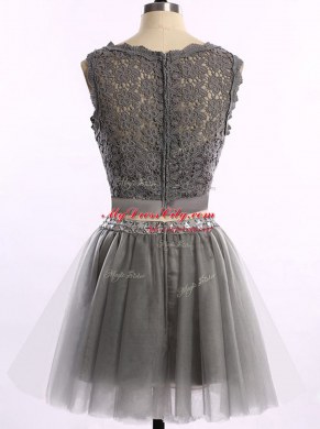 Elegant Scoop Grey Sleeveless Mini Length Lace Zipper Prom Dresses